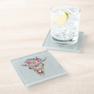 Skeleton With Horn And Flowers Glass Coaster