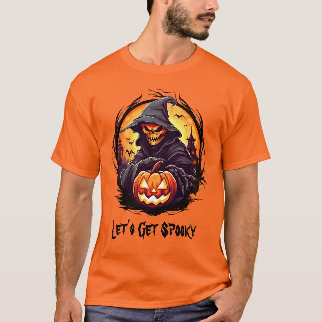 Skeleton with jack o lantern | Halloween Pumpkin T-Shirt (Front)