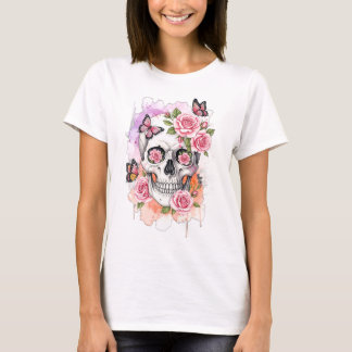 Skeleton with Pink Roses and Butterflies T-Shirt