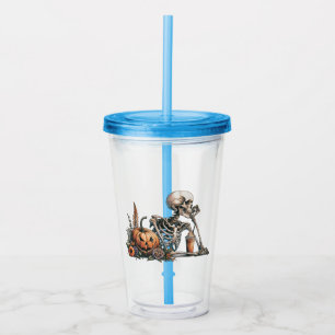 Skeleton with pumpkin and drink. Halloween Acrylic Tumbler