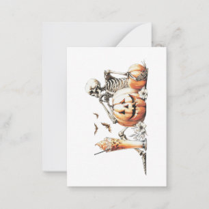 Skeleton with pumpkin and drink. Halloween. Advice Card
