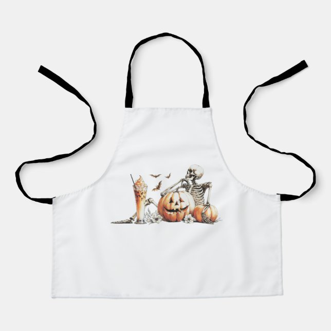 Skeleton with pumpkin and drink. Halloween. Apron (Front)