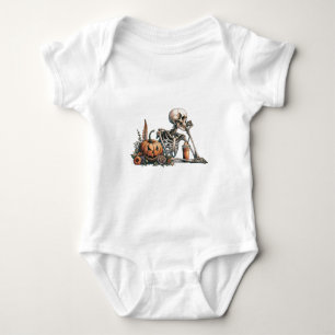 Skeleton with pumpkin and drink. Halloween Baby Bodysuit