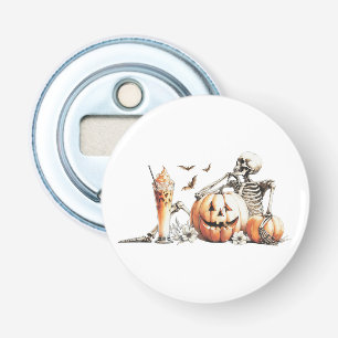 Skeleton with pumpkin and drink. Halloween. Bottle Opener