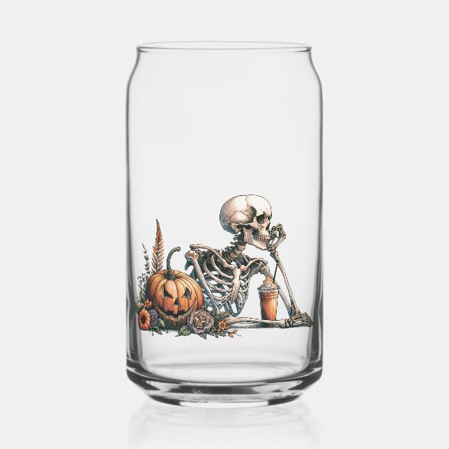 Skeleton with pumpkin and drink. Halloween Can Glass (Back)