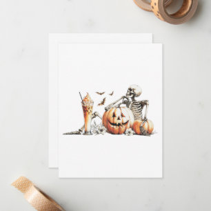 Skeleton with pumpkin and drink. Halloween. Card