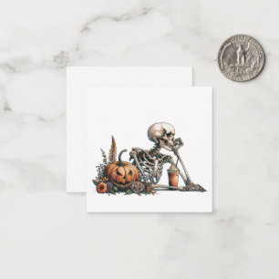 Skeleton with pumpkin and drink. Halloween Card