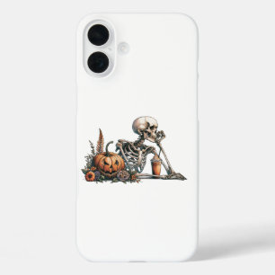 Skeleton with pumpkin and drink. Halloween iPhone 16 Plus Case