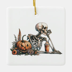 Skeleton with pumpkin and drink. Halloween Ceramic Ornament