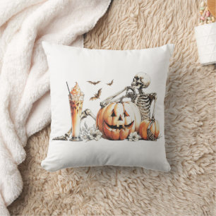 Skeleton with pumpkin and drink. Halloween. Cushion