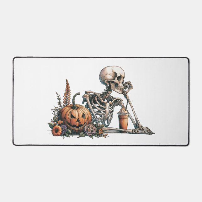 Skeleton with pumpkin and drink. Halloween Desk Mat (Front)