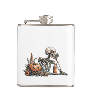 Skeleton with pumpkin and drink. Halloween Hip Flask