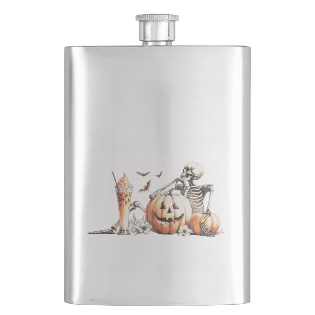 Skeleton with pumpkin and drink. Halloween. Hip Flask (Front)