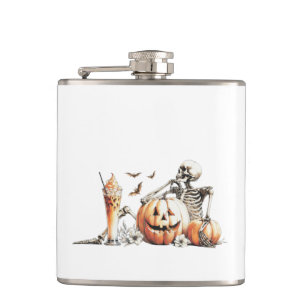 Skeleton with pumpkin and drink. Halloween. Hip Flask