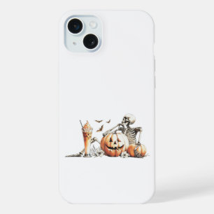 Skeleton with pumpkin and drink. Halloween. iPhone 15 Plus Case
