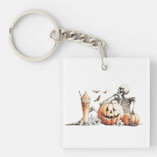 Skeleton with pumpkin and drink. Halloween. Key Ring