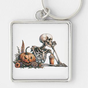 Skeleton with pumpkin and drink. Halloween Key Ring
