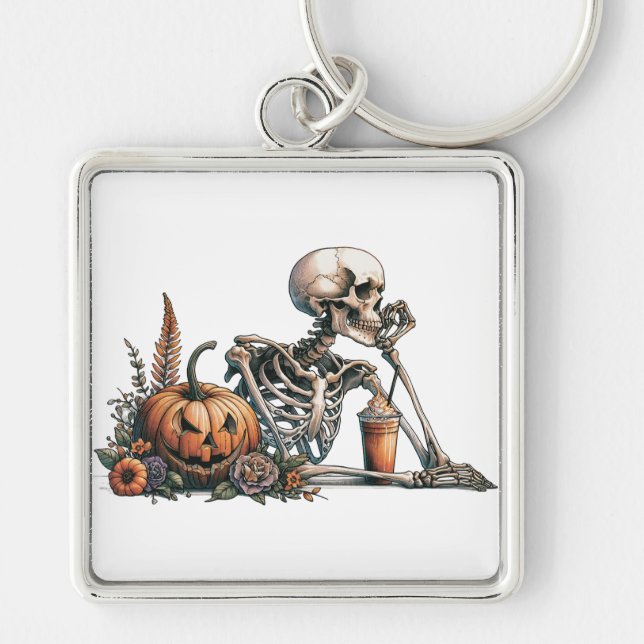 Skeleton with pumpkin and drink. Halloween Key Ring (Front)