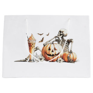 Skeleton with pumpkin and drink. Halloween. Large Gift Bag