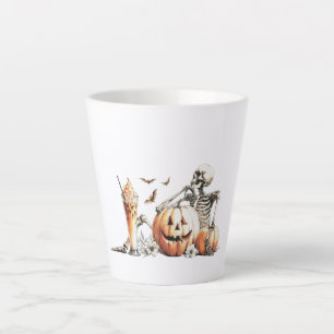 Skeleton with pumpkin and drink. Halloween. Latte Mug