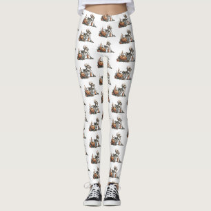 Skeleton with pumpkin and drink. Halloween Leggings