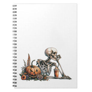 Skeleton with pumpkin and drink. Halloween Notebook