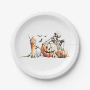 Skeleton with pumpkin and drink. Halloween. Paper Plate