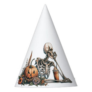 Skeleton with pumpkin and drink. Halloween Party Hat