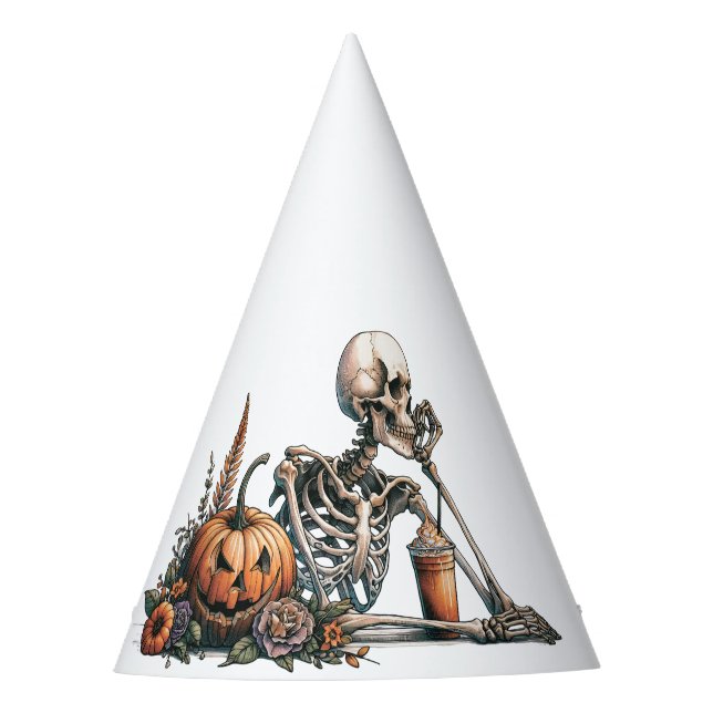 Skeleton with pumpkin and drink. Halloween Party Hat (Front)
