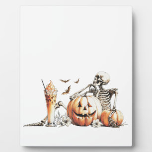 Skeleton with pumpkin and drink. Halloween. Plaque