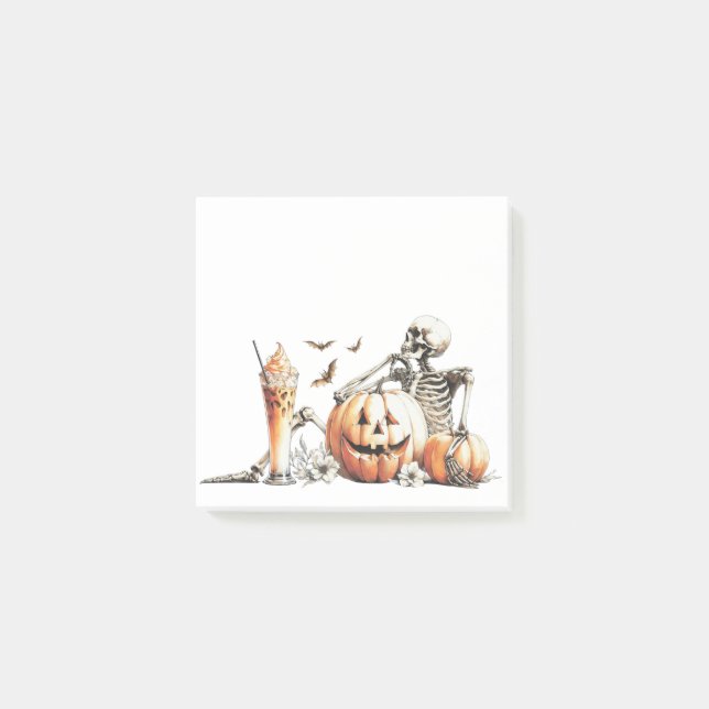 Skeleton with pumpkin and drink. Halloween. Post-it Notes (Front)