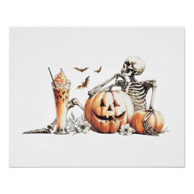 Skeleton with pumpkin and drink. Halloween. Poster (Front)