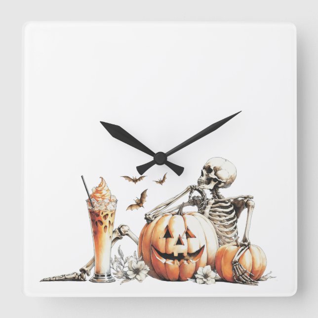 Skeleton with pumpkin and drink. Halloween. Square Wall Clock (Front)