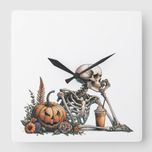 Skeleton with pumpkin and drink. Halloween Square Wall Clock