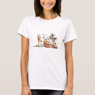 Skeleton with pumpkin and drink. Halloween. T-Shirt