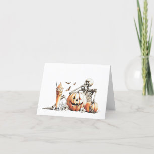 Skeleton with pumpkin and drink. Halloween. Thank You Card
