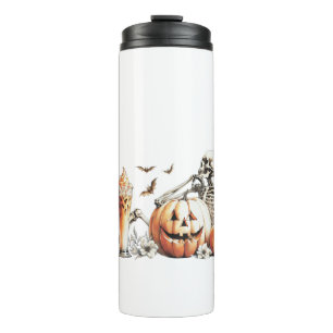Skeleton with pumpkin and drink. Halloween. Thermal Tumbler