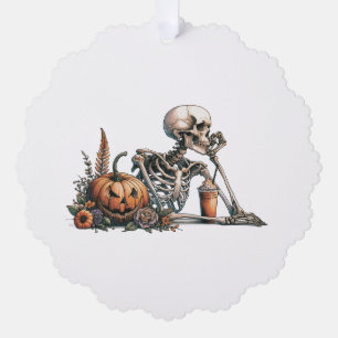 Skeleton with pumpkin and drink. Halloween Tree Decoration Card