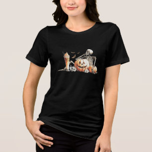Skeleton with pumpkin and drink. Halloween. Tri-Blend Shirt