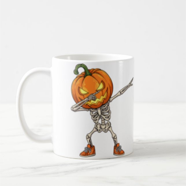 Skeleton with Pumpkin Head Dab Dance Halloween  Coffee Mug (Left)