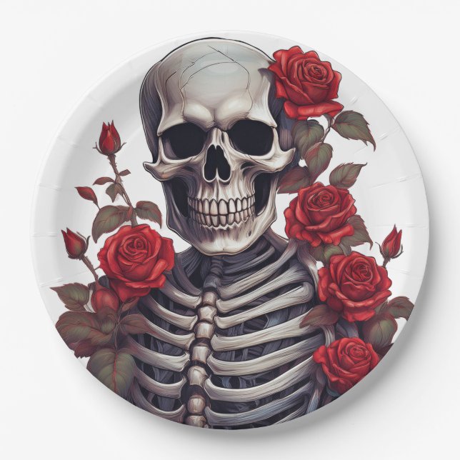 Skeleton With Red Roses Paper Plate (Front)