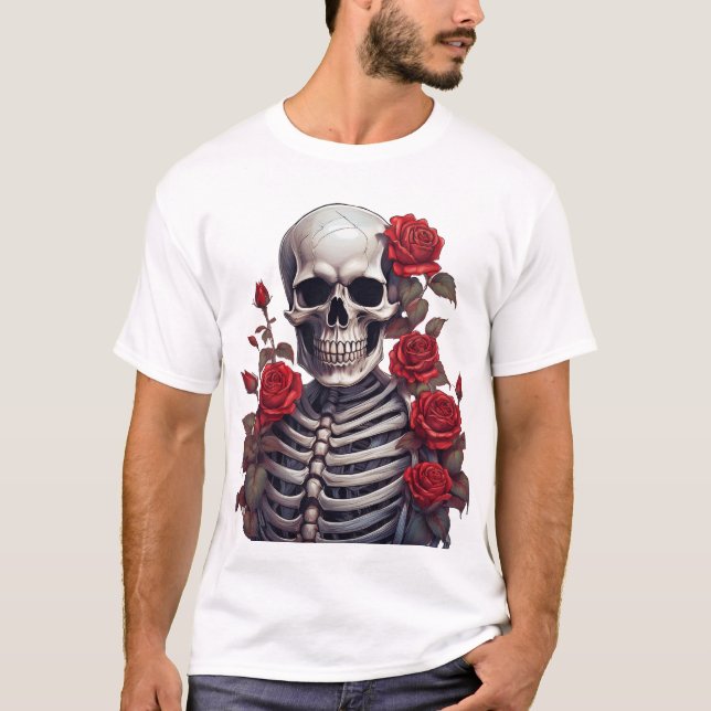 Skeleton With Red Roses   T-Shirt (Front)