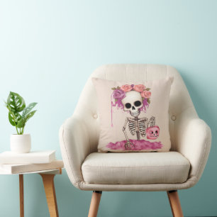 Skeleton with Rose Crown Cream Coloured Halloween Cushion
