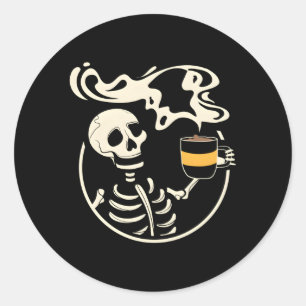 Skeleton With Smiling Skull Drinking Coffee Classic Round Sticker
