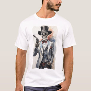 Skeleton with tuxedo holding a revolver T-Shirt