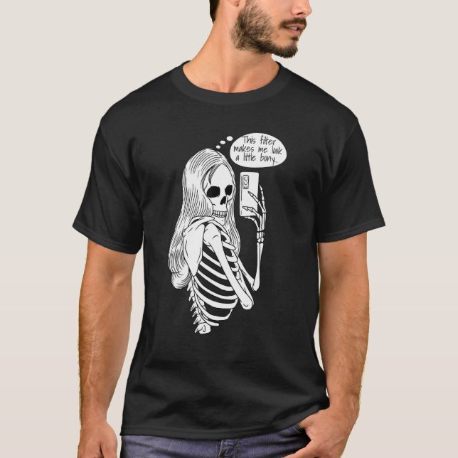 Skeleton Woman with Cell Phone Taking Selfie Skull T-Shirt (Front)