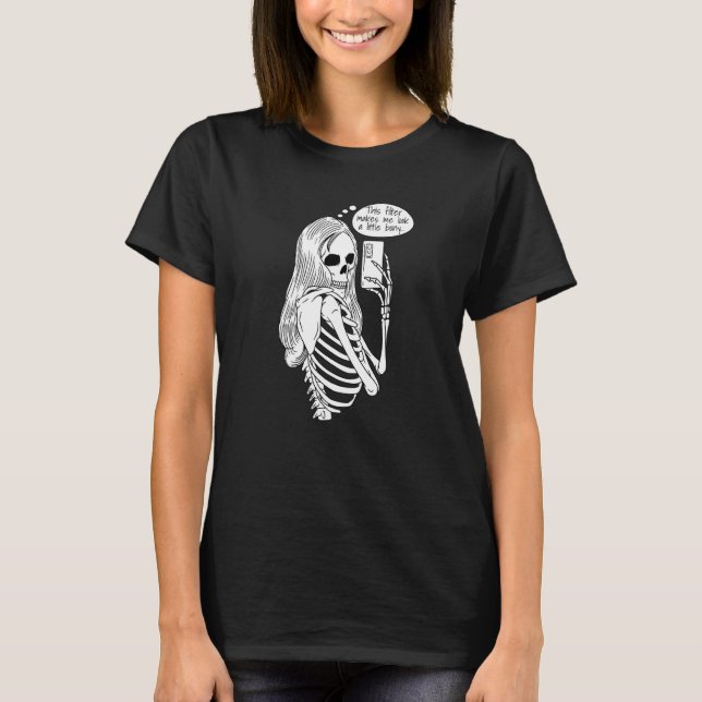 Skeleton Woman with Cell Phone Taking Selfie Skull T-Shirt (Front)