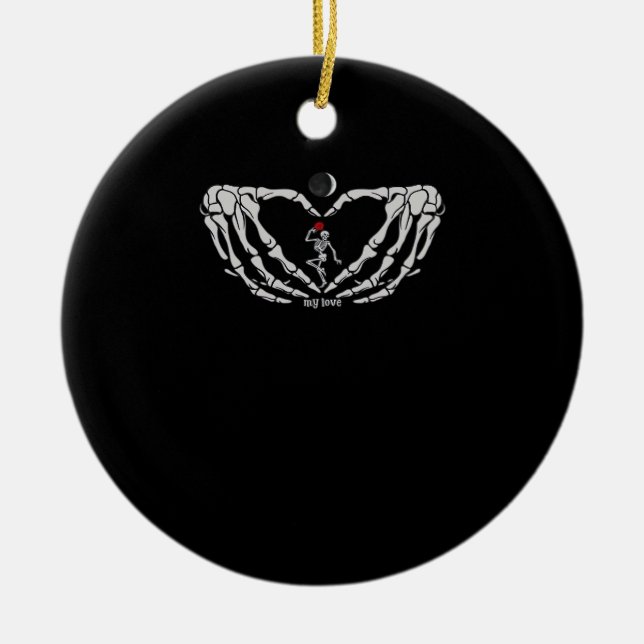 Skeleton Woman With Red In Heart Made Of Hands Fes Ceramic Ornament (Front)