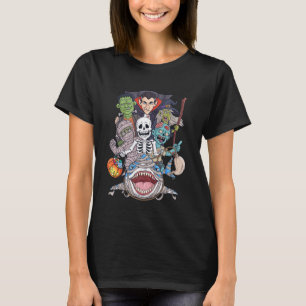 Skeleton Zombie Riding Mummy Shark Funny Halloween T-Shirt