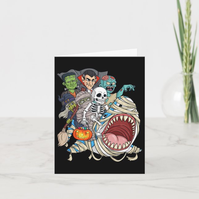 Skeleton Zombie Riding Mummy Shark Vampire Hallowe Card (Front)